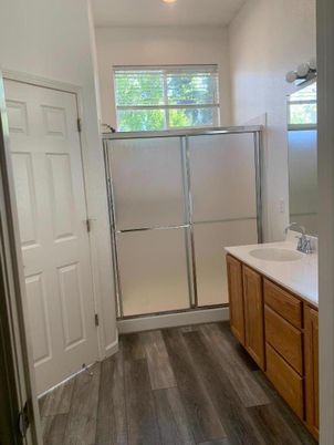 Bathroom, Glass Shower, Interior, Recessed Lighting, Wood Texture Flooring