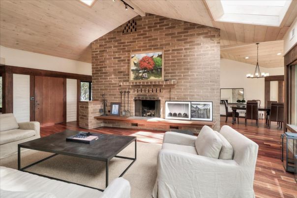 Chandelier, Dining room, Fireplace, Interior, Living room, Pendant Lights, Recessed Lighting, Stone Walls, Wooden Beams, Wooden Ceilings, Wood Texture Flooring