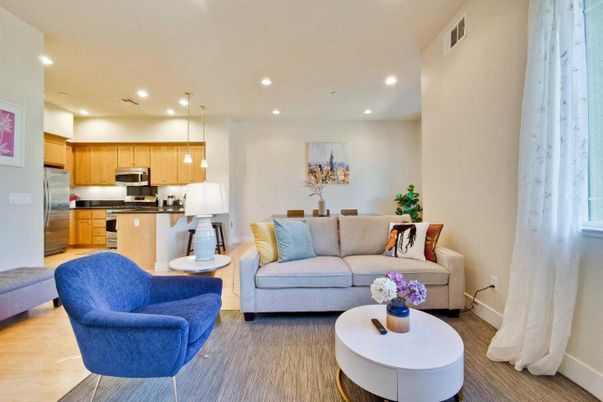 Dining room, Interior, Kitchen, Living room, Pendant Lights, Recessed Lighting, Stainless Steel Appliances, Wood Texture Flooring
