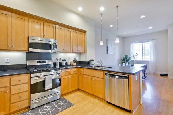 Interior, Kitchen, Pendant Lights, Recessed Lighting, Stainless Steel Appliances, Wood Texture Flooring