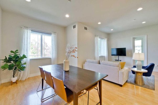 Dining room, Interior, Living room, Recessed Lighting, Wood Texture Flooring