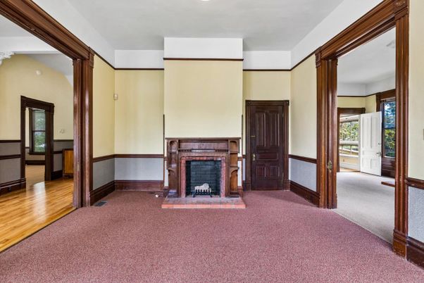 Empty room, Fireplace, Interior, Recessed Lighting, Wood Texture Flooring