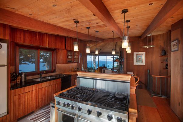 Interior, Kitchen, Pendant Lights, Water, Wooden Ceilings, Wood Texture Flooring, Wooden Walls