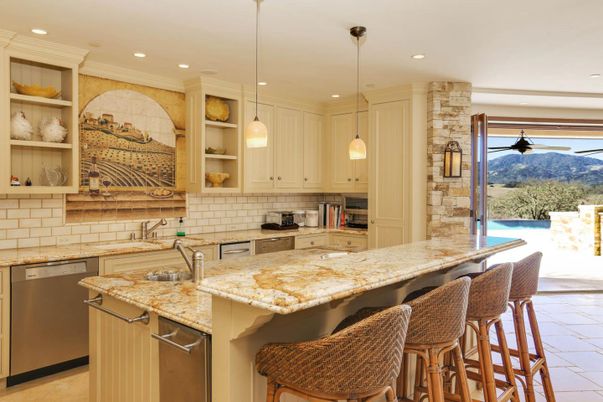 Interior, Kitchen, Pendant Lights, Recessed Lighting, Stainless Steel Appliances, Stone Walls