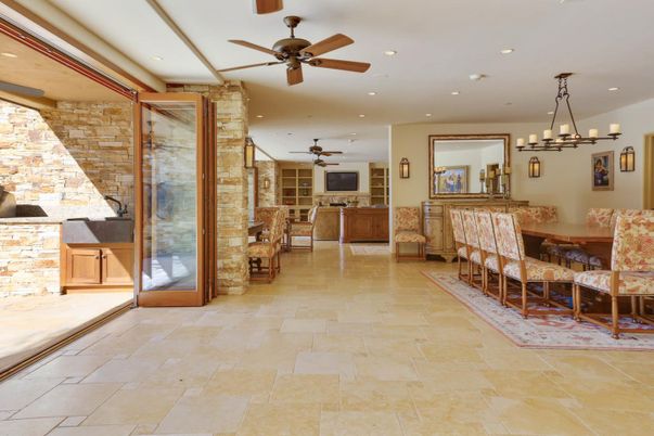 Chandelier, Dining room, Interior, Recessed Lighting, Stone Walls