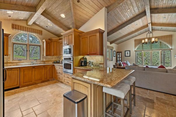 Chandelier, Interior, Kitchen, Living room, Recessed Lighting, Stainless Steel Appliances, Wooden Beams, Wooden Ceilings