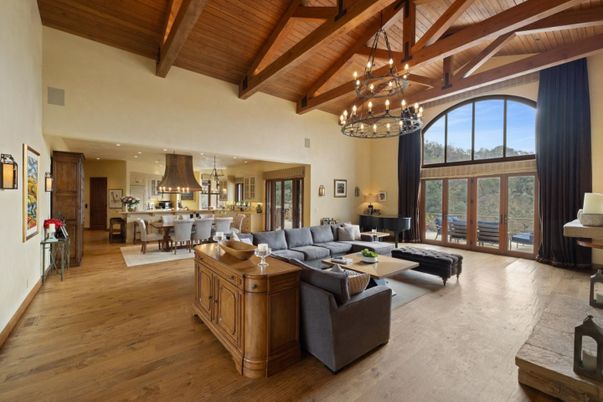 Chandelier, Dining room, Interior, Kitchen, Living room, Pendant Lights, Recessed Lighting, Stainless Steel Appliances, Wooden Beams, Wooden Ceilings, Wood Texture Flooring