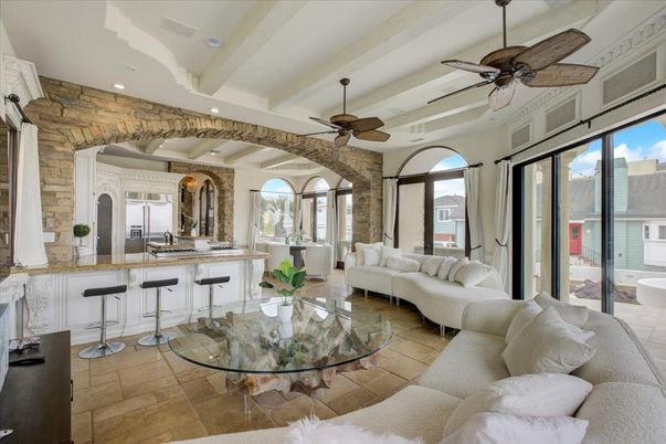 Interior, Kitchen, Living room, Recessed Lighting, Stone Walls