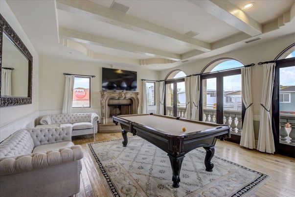 Billiard Table, Fireplace, Game Room, Interior, Recessed Lighting, Wood Texture Flooring