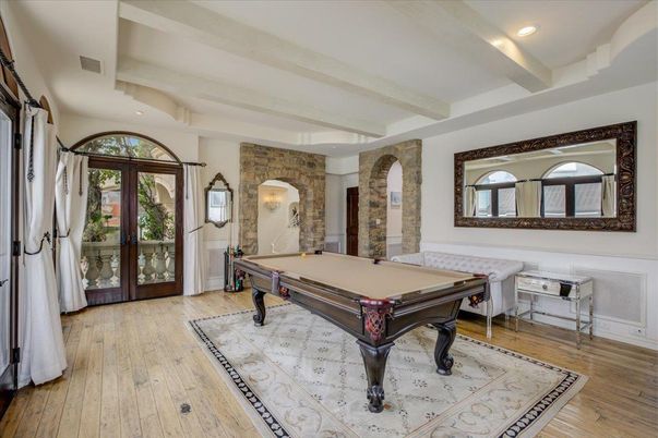 Billiard Table, Game Room, Interior, Recessed Lighting, Stone Walls, Wood Texture Flooring