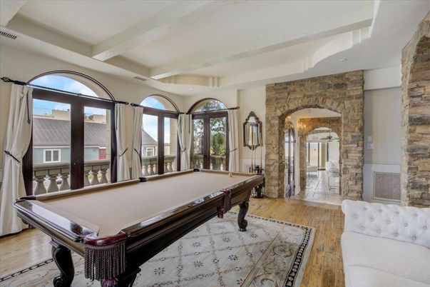 Billiard Table, Game Room, Interior, Recessed Lighting, Stone Walls, Wood Texture Flooring