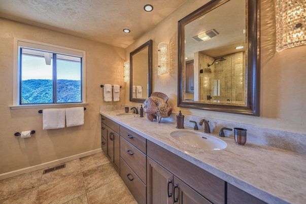 Bathroom, Dual Sink Vanities, Glass Shower, Interior, Recessed Lighting