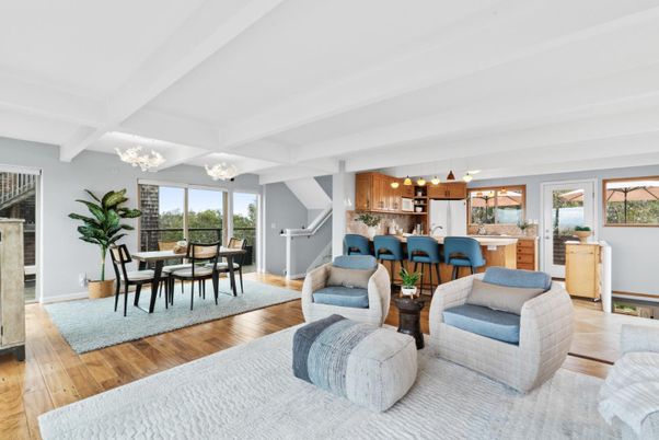 Dining room, Interior, Kitchen, Living room, Pendant Lights, Wood Texture Flooring