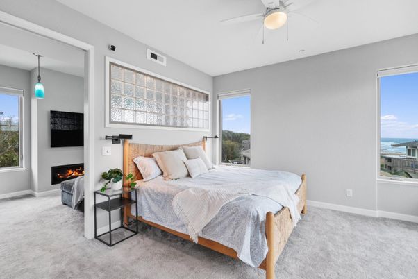 Bedroom, Fireplace, Interior, Pendant Lights, Water