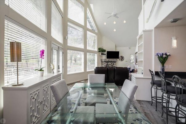 Dining room, Interior, Pendant Lights, Recessed Lighting, Wood Texture Flooring