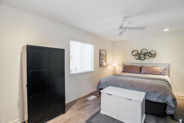 Bedroom, Interior, Recessed Lighting, Wood Texture Flooring