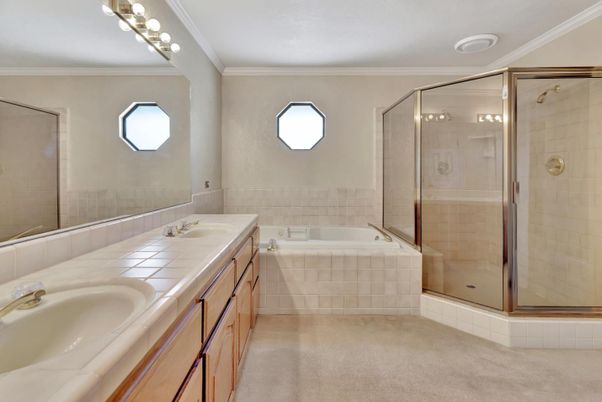 Bathroom, Dual Sink Vanities, Glass Shower, Interior, Tile Countertops