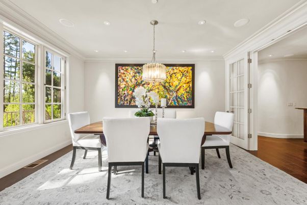 Dining room, Interior, Pendant Lights, Recessed Lighting, Wood Texture Flooring