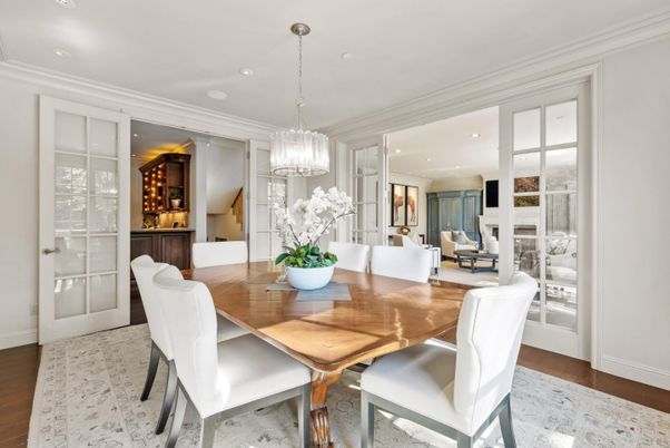 Chandelier, Dining room, Fireplace, Interior, Living room, Recessed Lighting, Wood Texture Flooring