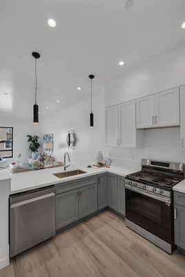 Interior, Kitchen, Pendant Lights, Recessed Lighting, Stainless Steel Appliances, Wood Texture Flooring