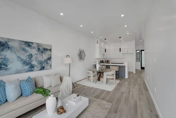 Dining room, Interior, Kitchen, Living room, Pendant Lights, Recessed Lighting, Stainless Steel Appliances, Wood Texture Flooring