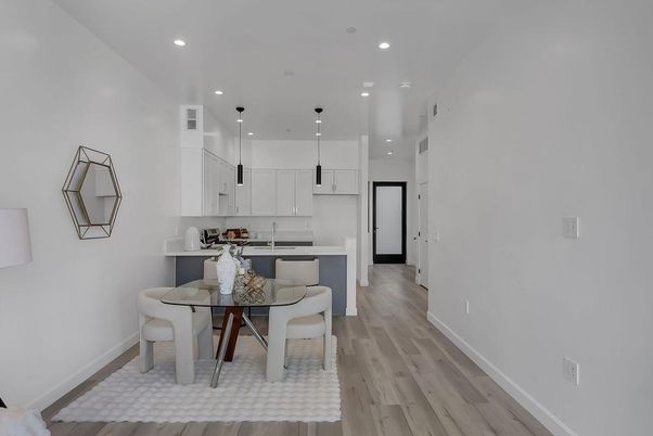Dining room, Interior, Kitchen, Pendant Lights, Recessed Lighting, Wood Texture Flooring