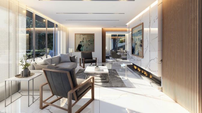 Fireplace, Interior, Living room, Marble, Marble Walls, Recessed Lighting