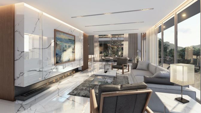 Dining room, Interior, Living room, Marble, Marble Walls, Recessed Lighting