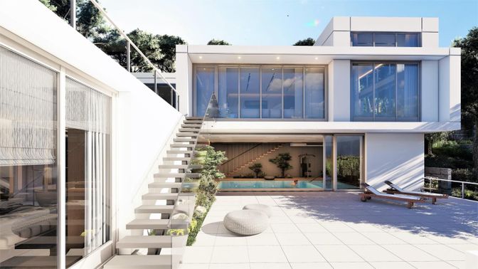 Exterior, Facade, Pool, Modern