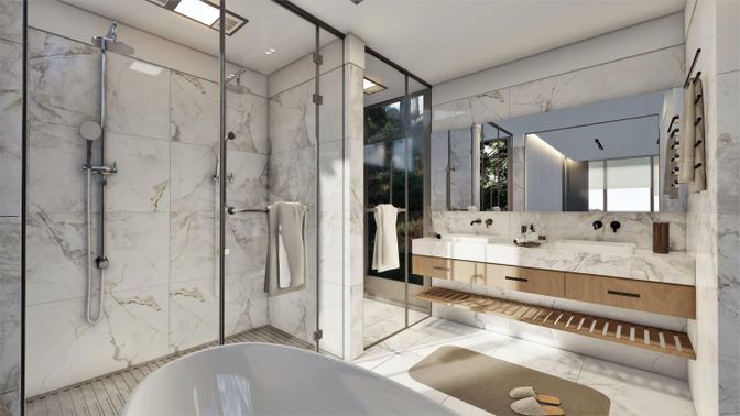Bathroom, Dual Sink Vanities, Glass Shower, Interior, Marble, Marble Walls, Recessed Lighting