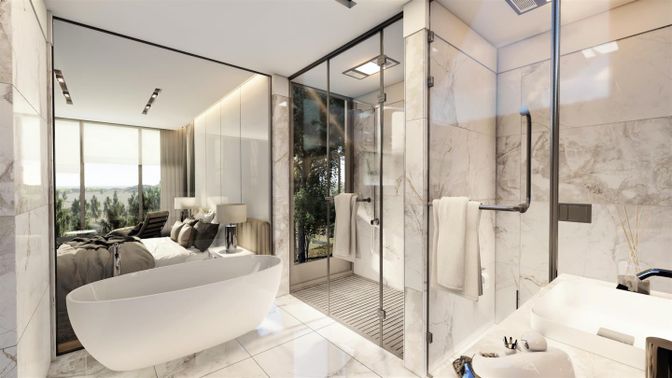 Bathroom, Free Standing Baths, Glass Shower, Interior, Marble, Marble Walls
