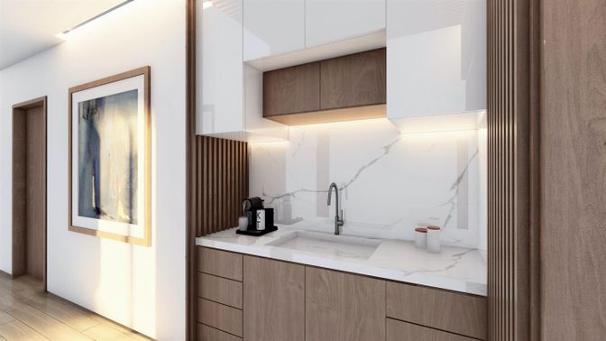 Interior, Kitchen, Marble Walls, Wood Texture Flooring