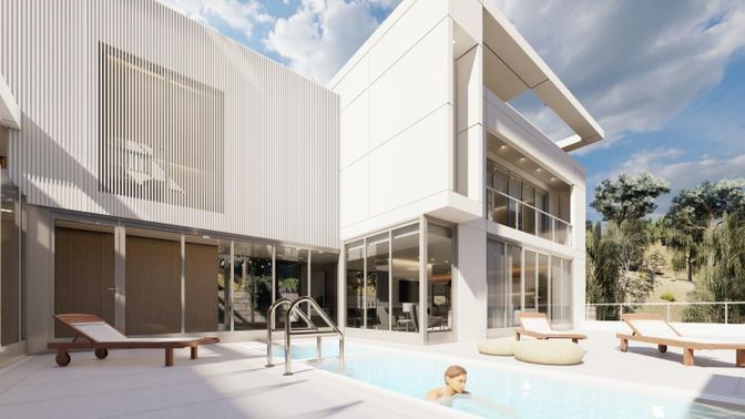 Exterior, Facade, Pool, Modern