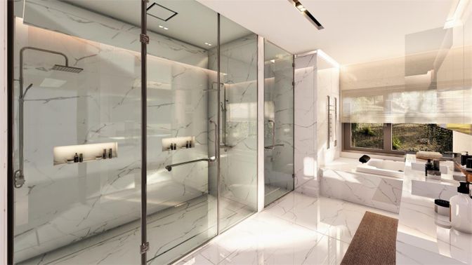 Bathroom, Glass Shower, Interior, Marble, Marble Walls, Recessed Lighting
