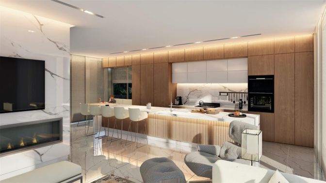 Interior, Kitchen, Marble, Marble Walls, Recessed Lighting, Stainless Steel Appliances