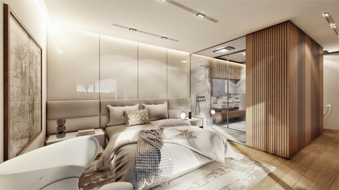Bedroom, Interior, Recessed Lighting, Wood Texture Flooring