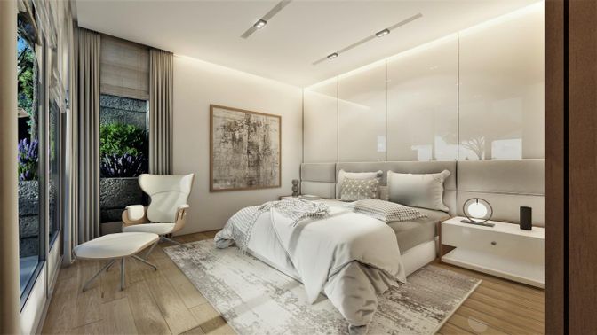 Bedroom, Interior, Recessed Lighting, Wood Texture Flooring