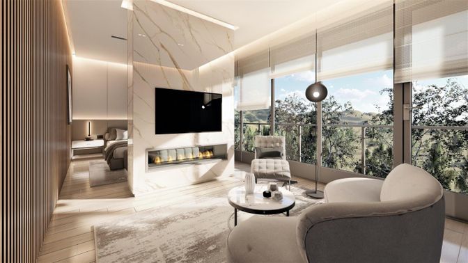 Fireplace, Interior, Living room, Marble Walls, Pendant Lights, Recessed Lighting, Wood Texture Flooring