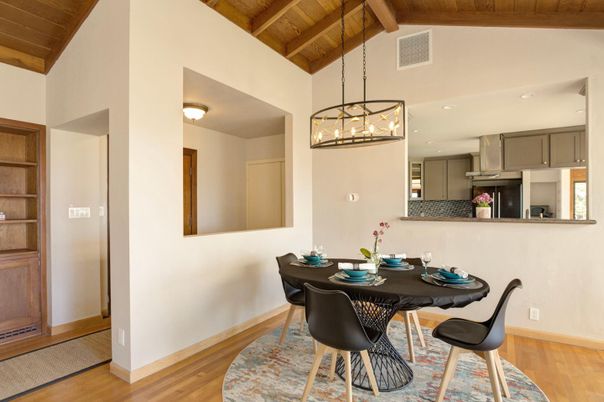Dining room, Interior, Kitchen, Pendant Lights, Recessed Lighting, Wooden Beams, Wooden Ceilings, Wood Texture Flooring