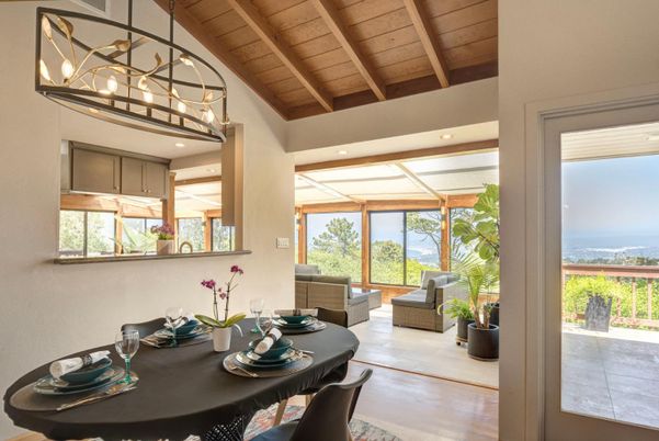 Dining room, Interior, Pendant Lights, Recessed Lighting, Water, Wooden Beams, Wooden Ceilings