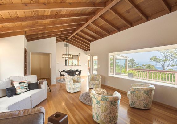 Dining room, Interior, Living room, Pendant Lights, Water, Wooden Beams, Wooden Ceilings, Wood Texture Flooring