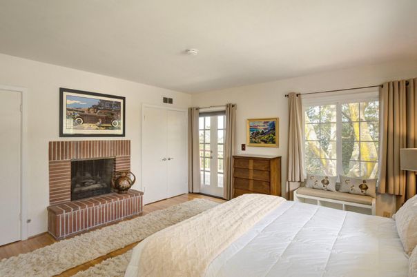 Bedroom, Fireplace, Interior, Wood Texture Flooring