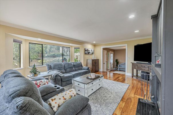 Fireplace, Interior, Living room, Recessed Lighting, Wood Texture Flooring