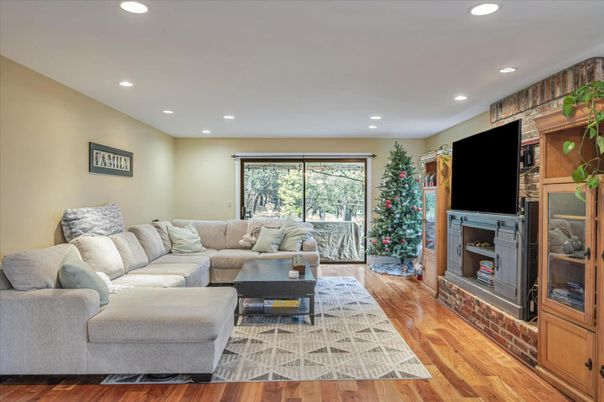 Fireplace, Interior, Living room, Recessed Lighting, Wood Texture Flooring