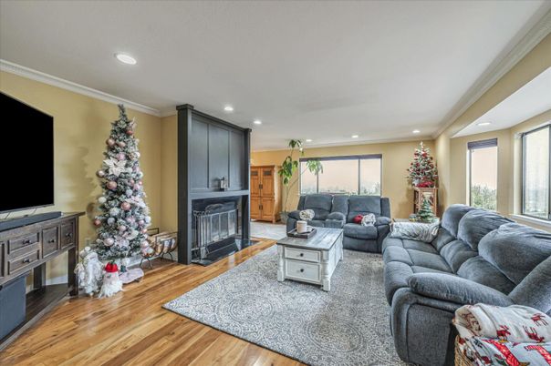 Fireplace, Interior, Living room, Recessed Lighting, Wood Texture Flooring