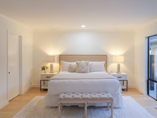 Bedroom, Interior, Recessed Lighting, Wood Texture Flooring