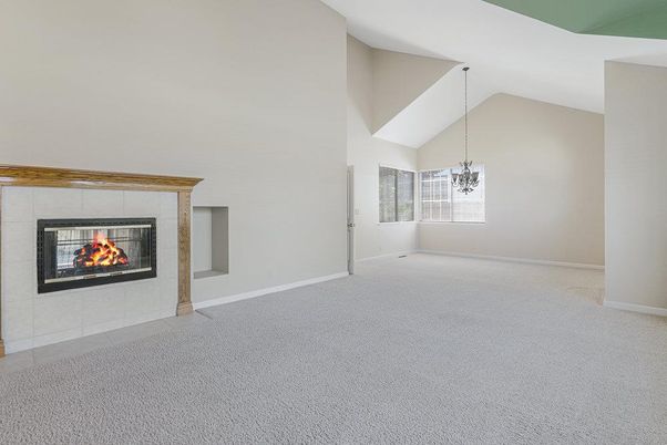 Chandelier, Empty room, Fireplace, Interior