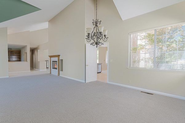 Chandelier, Empty room, Fireplace, Interior