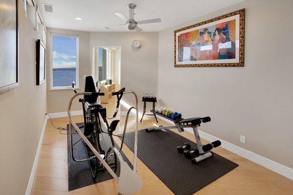 Fitness Equipment, Interior, Recessed Lighting, Water, Wood Texture Flooring