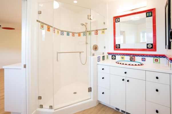 Bathroom, Glass Shower, Interior, Recessed Lighting, Wood Texture Flooring